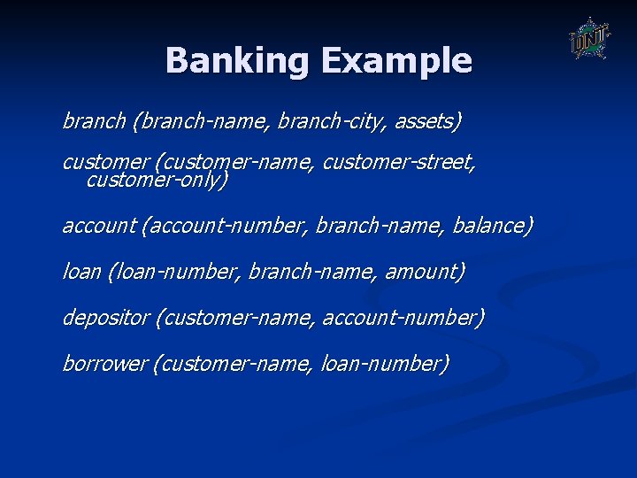 Banking Example branch (branch-name, branch-city, assets) customer (customer-name, customer-street, customer-only) account (account-number, branch-name, balance) Banking Example branch (branch-name, branch-city, assets) customer (customer-name, customer-street, customer-only) account (account-number, branch-name, balance)