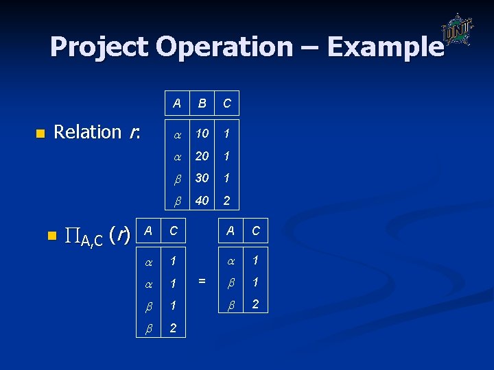 Project Operation – Example n Relation r: n A, C (r) A B C Project Operation – Example n Relation r: n A, C (r) A B C