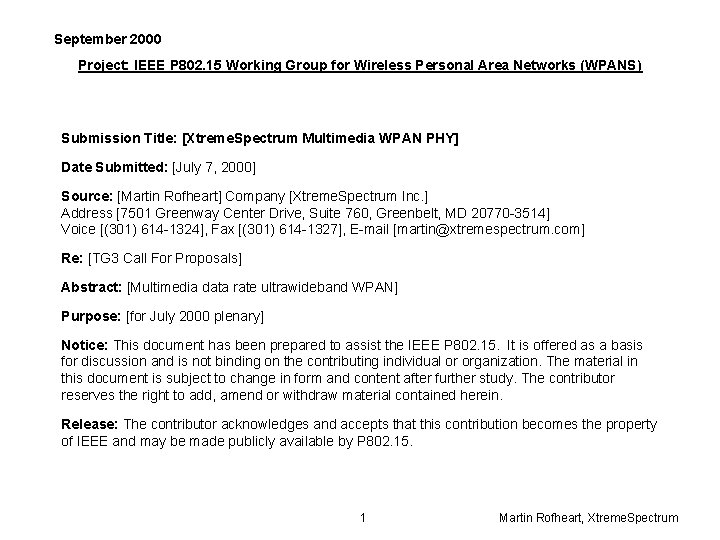 September 2000 Project: IEEE P 802. 15 Working Group for Wireless Personal Area Networks