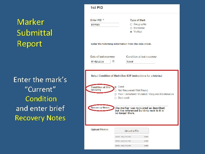 Marker Submittal Report Enter the mark’s “Current” Condition and enter brief Recovery Notes 
