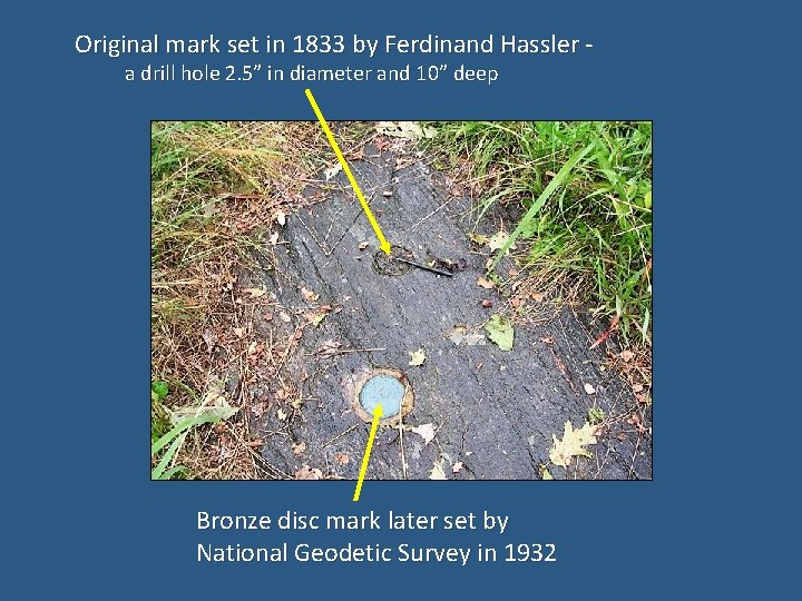 Original mark set in 1833 by Ferdinand Hassler a drill hole 2. 5” in