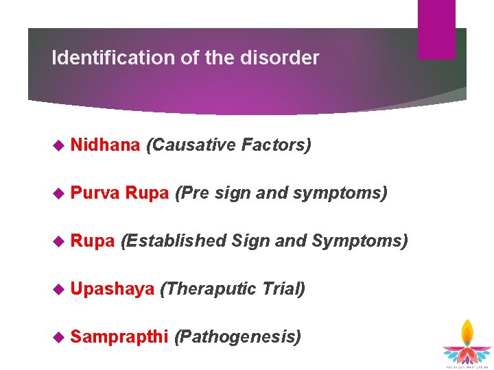Identification of the disorder Nidhana Purva Rupa (Causative Factors) Rupa (Pre sign and symptoms)
