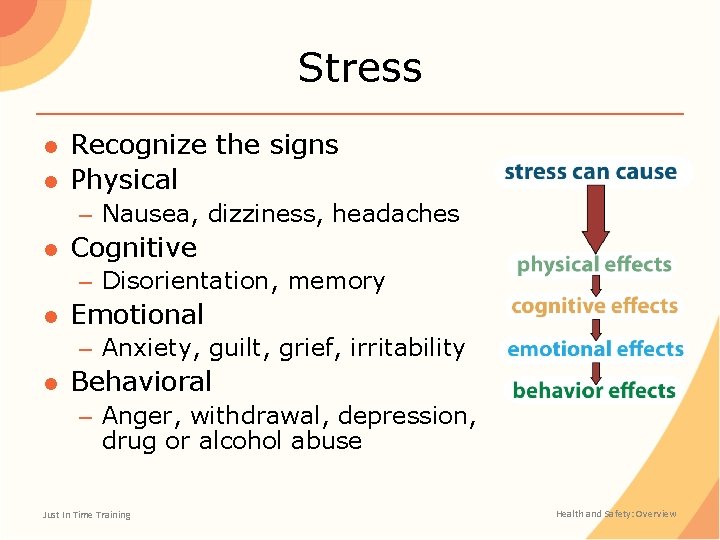 Stress ● Recognize the signs ● Physical – Nausea, dizziness, headaches ● Cognitive –