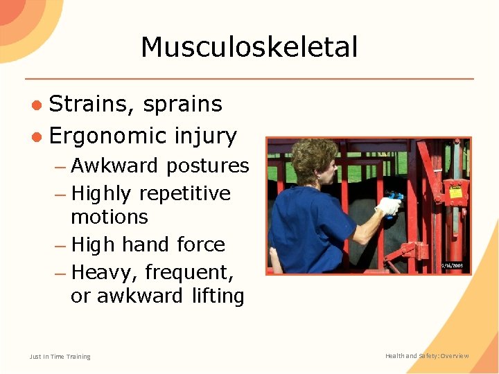 Musculoskeletal ● Strains, sprains ● Ergonomic injury – Awkward postures – Highly repetitive motions