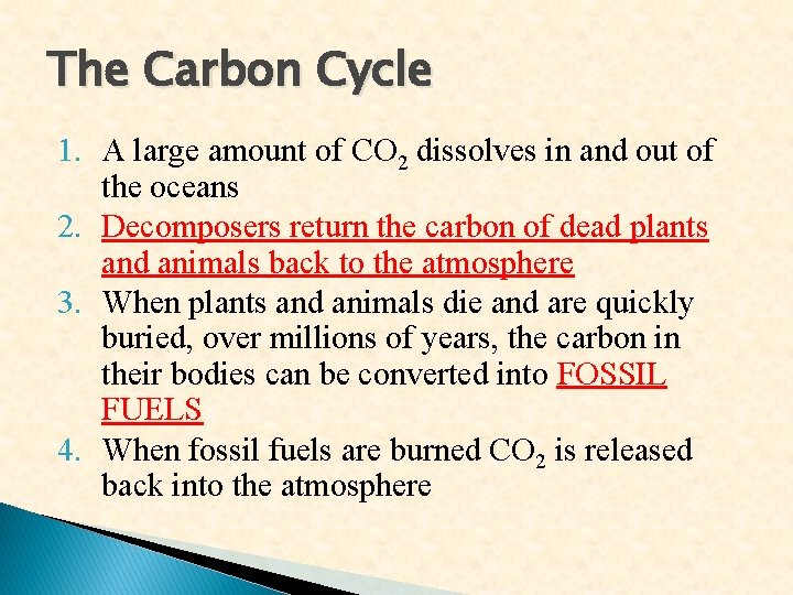 The Carbon Cycle 1. A large amount of CO 2 dissolves in and out The Carbon Cycle 1. A large amount of CO 2 dissolves in and out