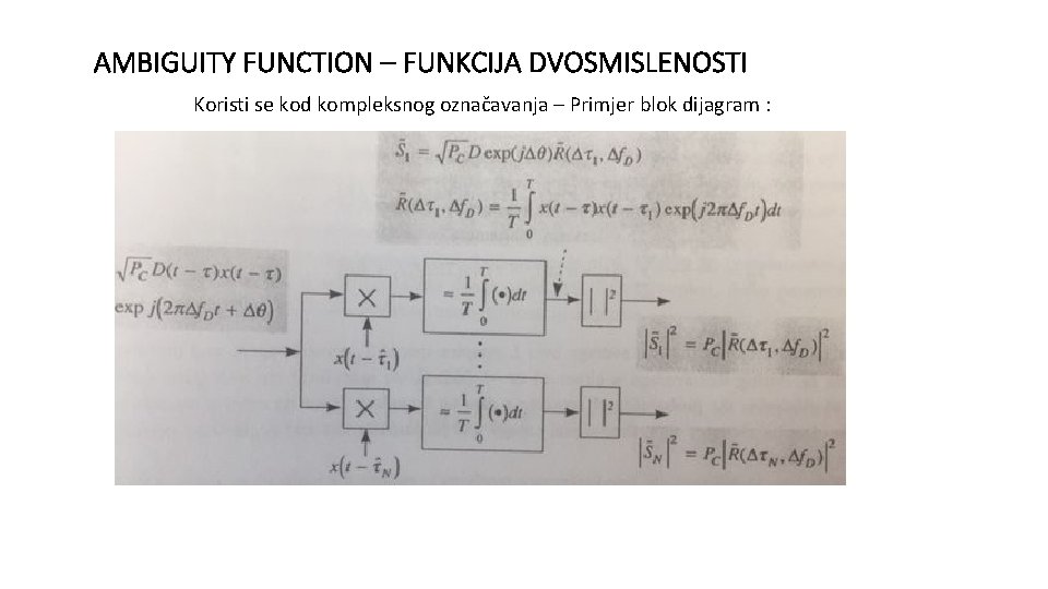 AMBIGUITY FUNCTION – FUNKCIJA DVOSMISLENOSTI Koristi se kod kompleksnog označavanja – Primjer blok dijagram AMBIGUITY FUNCTION – FUNKCIJA DVOSMISLENOSTI Koristi se kod kompleksnog označavanja – Primjer blok dijagram