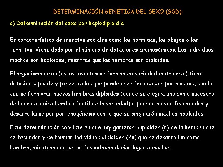 DETERMINACIÓN GENÉTICA DEL SEXO (GSD): c) Determinación del sexo por haplodiploidía Es característico de