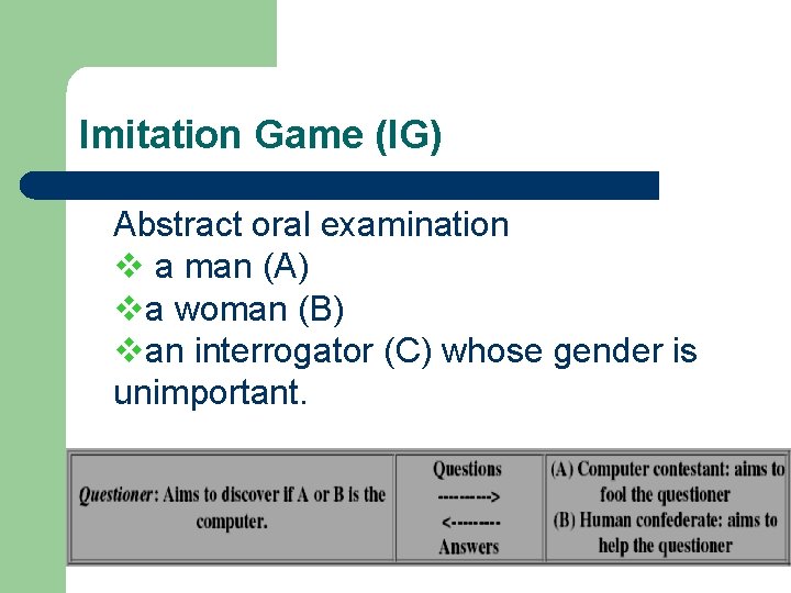 Imitation Game (IG) Abstract oral examination v a man (A) va woman (B) van