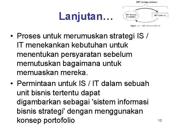 Lanjutan… • Proses untuk merumuskan strategi IS / IT menekankan kebutuhan untuk menentukan persyaratan