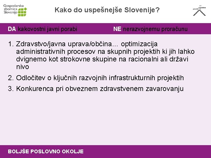 Kako do uspešnejše Slovenije? DA kakovostni javni porabi NE nerazvojnemu proračunu 1. Zdravstvo/javna uprava/občina…