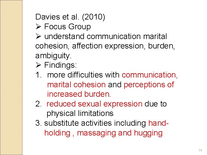 Davies et al. (2010) Ø Focus Group Ø understand communication marital cohesion, affection expression,
