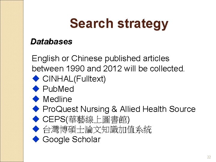 Search strategy Databases English or Chinese published articles between 1990 and 2012 will be