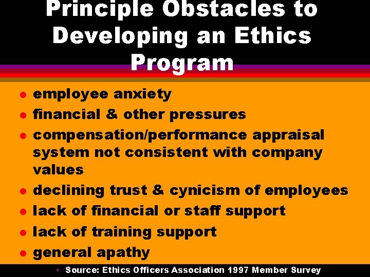 Principle Obstacles to Developing an Ethics Program l l l l employee anxiety financial Principle Obstacles to Developing an Ethics Program l l l l employee anxiety financial