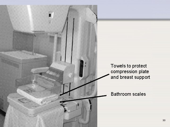 Towels to protect compression plate and breast support Bathroom scales IAEA 30 