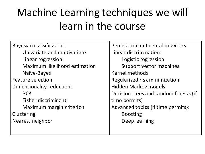 Machine Learning techniques we will learn in the course Bayesian classification: Univariate and multivariate