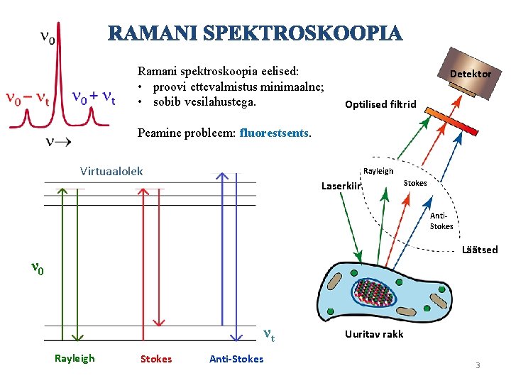 Ramani spektroskoopia eelised: • proovi ettevalmistus minimaalne; • sobib vesilahustega. Detektor Optilised filtrid Peamine