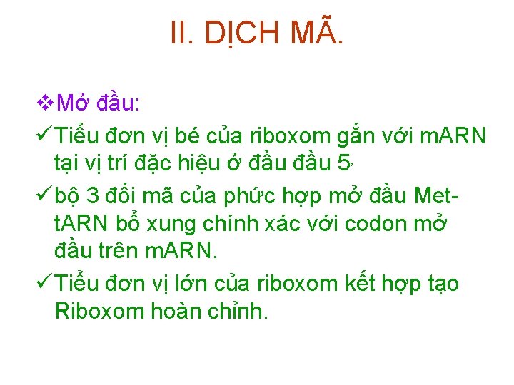 II. DỊCH MÃ. v. Mở đầu: ü Tiểu đơn vị bé của riboxom gắn