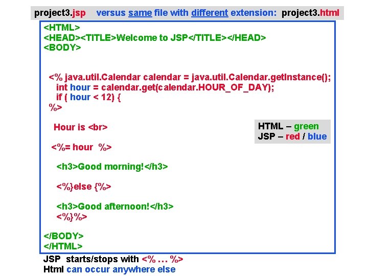 project 3. jsp versus same file with different extension: project 3. html <HTML> <HEAD><TITLE>Welcome