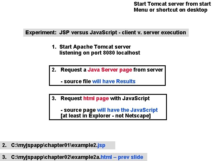 Start Tomcat server from start Menu or shortcut on desktop Experiment: JSP versus Java.