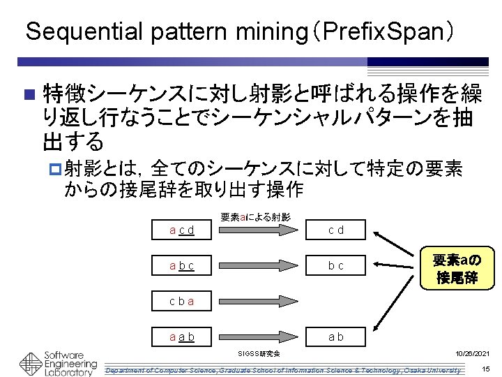 Sequential pattern mining（Prefix. Span） n 特徴シーケンスに対し射影と呼ばれる操作を繰 り返し行なうことでシーケンシャルパターンを抽 出する p 射影とは，全てのシーケンスに対して特定の要素 からの接尾辞を取り出す操作 要素aによる射影 acd cd