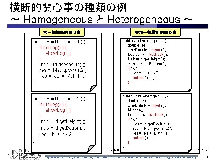 横断的関心事の種類の例 ～ Homogeneous と Heterogeneous ～ 均一性横断的関心事 非均一性横断的関心事 public void heterogen 1 ( )