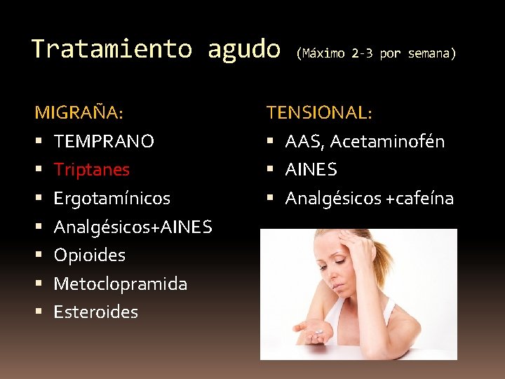 Tratamiento agudo MIGRAÑA: TEMPRANO Triptanes Ergotamínicos Analgésicos+AINES Opioides Metoclopramida Esteroides (Máximo 2 -3 por