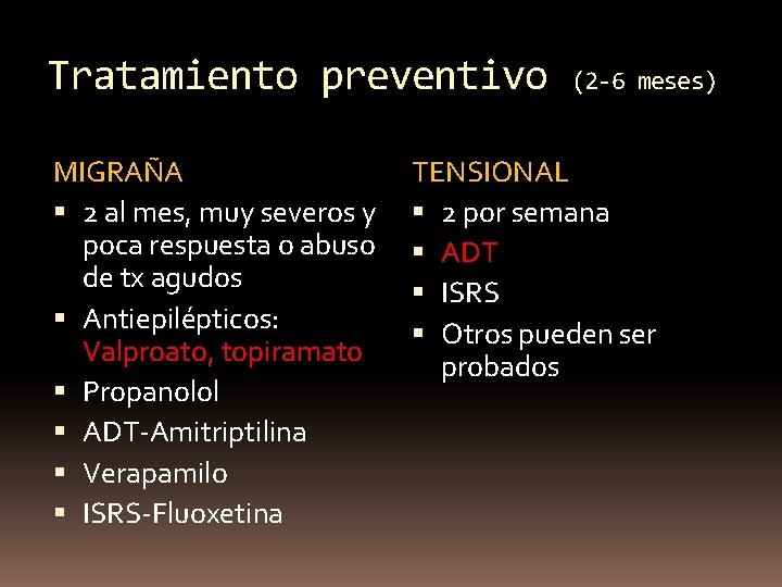 Tratamiento preventivo MIGRAÑA 2 al mes, muy severos y poca respuesta o abuso de