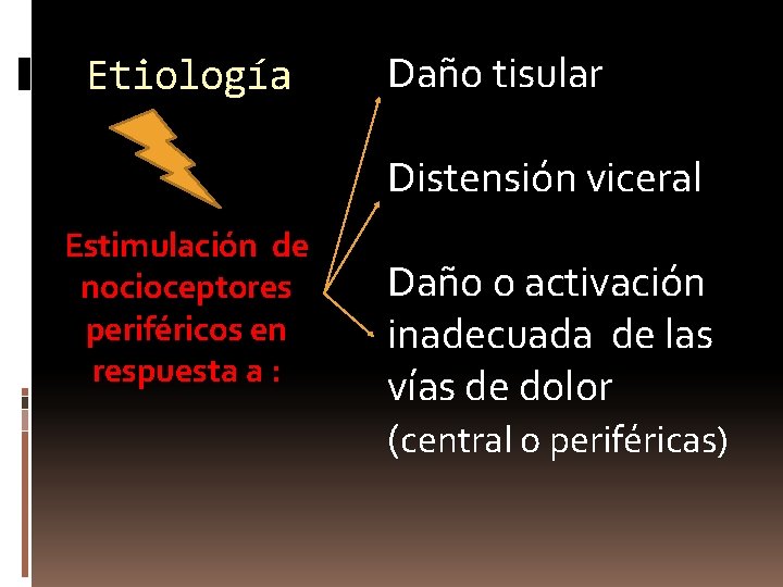 Etiología Daño tisular Distensión viceral Estimulación de nocioceptores periféricos en respuesta a : Daño