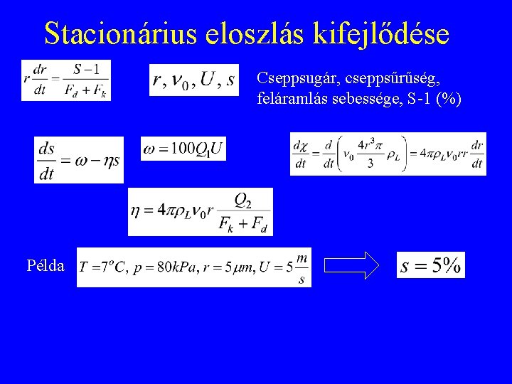 Stacionárius eloszlás kifejlődése Cseppsugár, cseppsűrűség, feláramlás sebessége, S-1 (%) Példa 