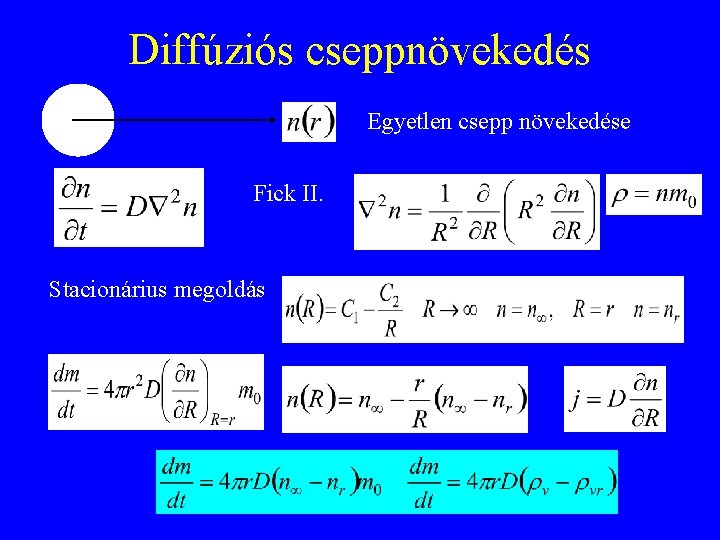 Diffúziós cseppnövekedés Egyetlen csepp növekedése Fick II. Stacionárius megoldás 