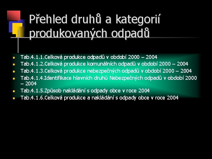 Přehled druhů a kategorií produkovaných odpadů n n n Tab. 4. 1. 1. Celková