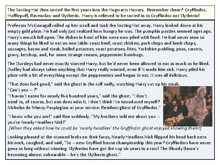 The Sorting Hat then sorted the first years into the Hogwarts Houses. Remember them? The Sorting Hat then sorted the first years into the Hogwarts Houses. Remember them?