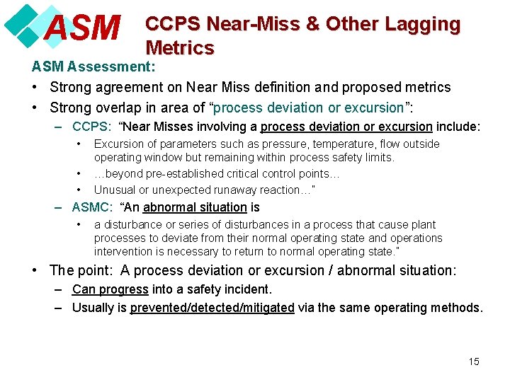 ASM CCPS Near-Miss & Other Lagging Metrics ASM Assessment: • Strong agreement on Near