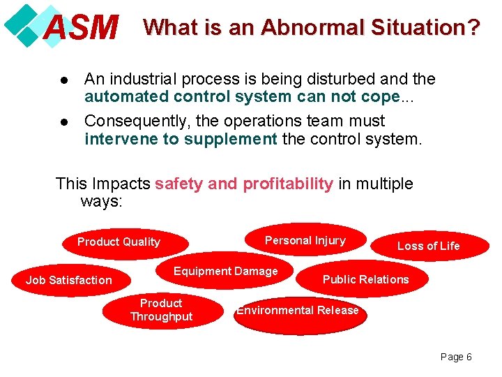ASM What is an Abnormal Situation? An industrial process is being disturbed and the