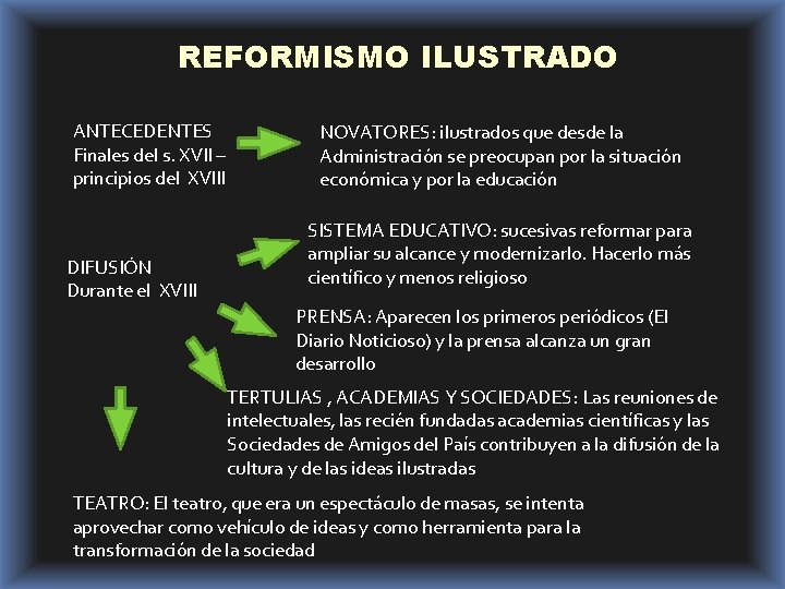 REFORMISMO ILUSTRADO ANTECEDENTES Finales del s. XVII – principios del XVIII DIFUSIÓN Durante el