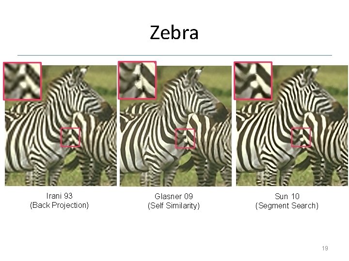 Zebra Irani 93 (Back Projection) Glasner 09 (Self Similarity) Sun 10 (Segment Search) 19