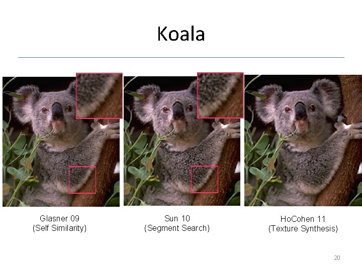 Koala Glasner 09 (Self Similarity) Sun 10 (Segment Search) Ho. Cohen 11 (Texture Synthesis)