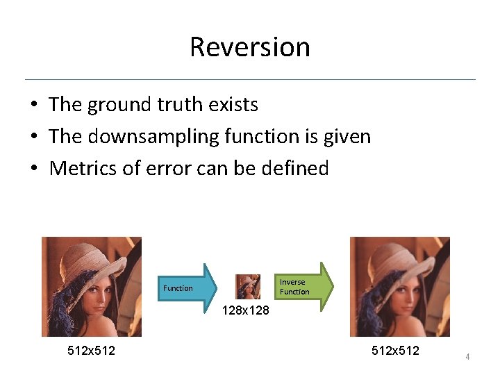 Reversion • The ground truth exists • The downsampling function is given • Metrics