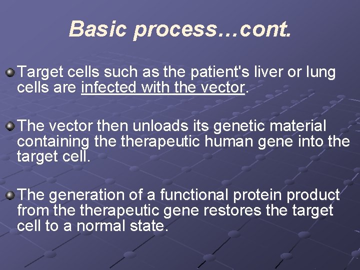 Basic process…cont. Target cells such as the patient's liver or lung cells are infected