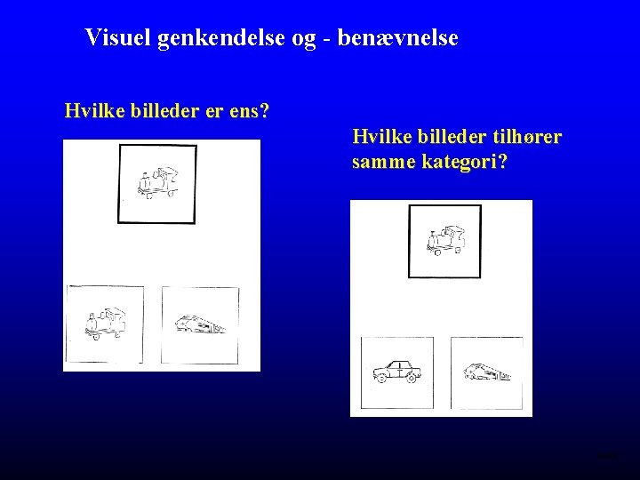 Visuel genkendelse og - benævnelse Hvilke billeder er ens? Hvilke billeder tilhører samme kategori?