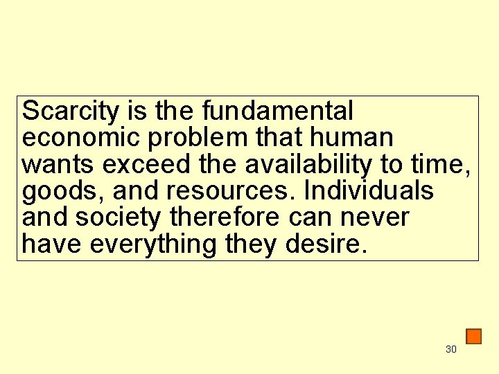 Scarcity is the fundamental economic problem that human wants exceed the availability to time,