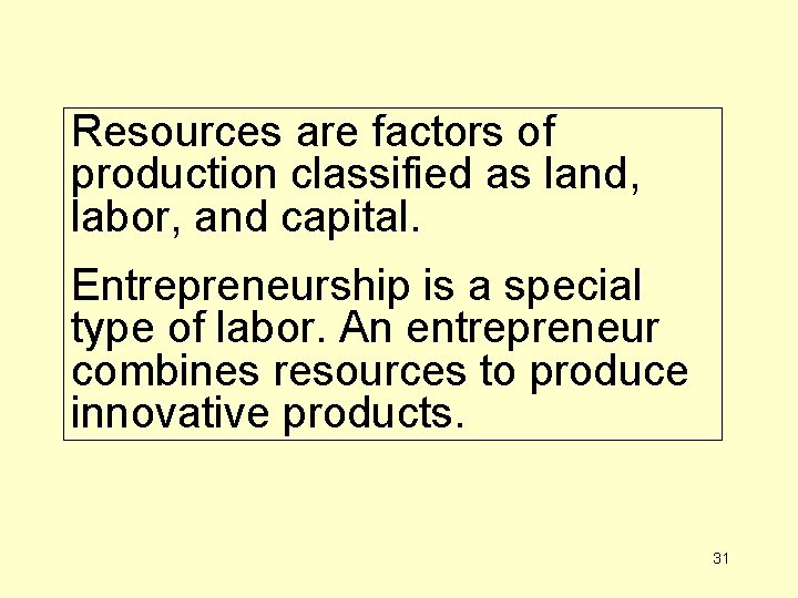 Resources are factors of production classified as land, labor, and capital. Entrepreneurship is a