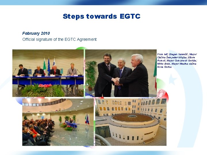 Steps towards EGTC February 2010 Official signature of the EGTC Agreement From left: Dragan