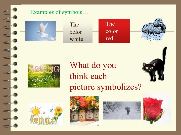 Examples of symbols… The color white The color red What do you think each