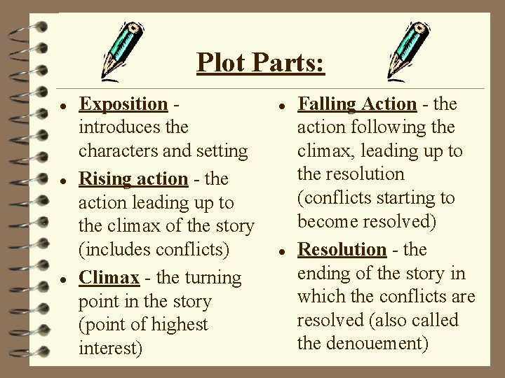 Plot Parts: l l l Exposition introduces the characters and setting Rising action -