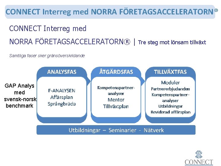 CONNECT Interreg med NORRA FÖRETAGSACCELERATORN® | Samtliga faser sker gränsöverskridande GAP Analys med svensk-norsk