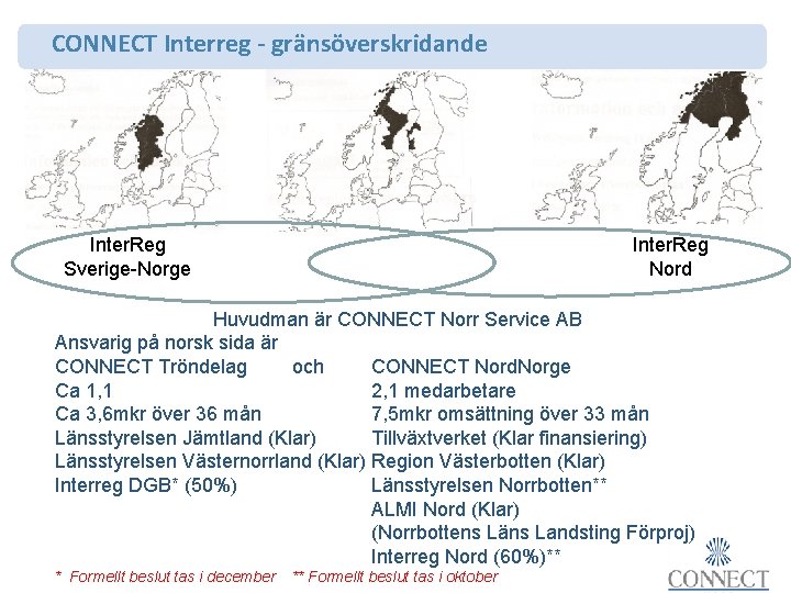 CONNECT Interreg - gränsöverskridande Inter. Reg Sverige-Norge Inter. Reg Nord Huvudman är CONNECT Norr