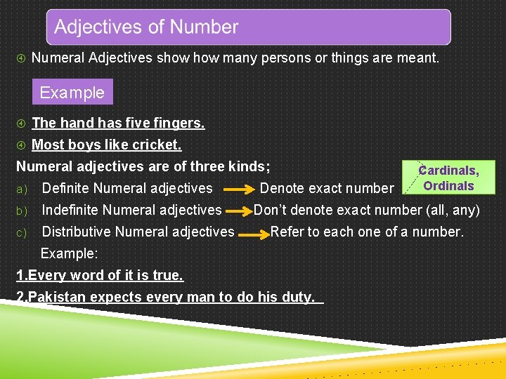 Numeral Adjectives show many persons or things are meant. Example The hand has