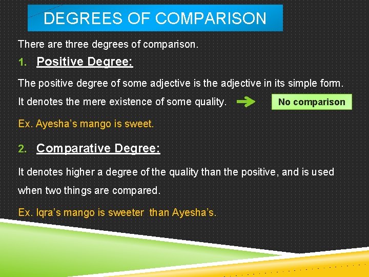 DEGREES OF COMPARISON There are three degrees of comparison. 1. Positive Degree: The positive