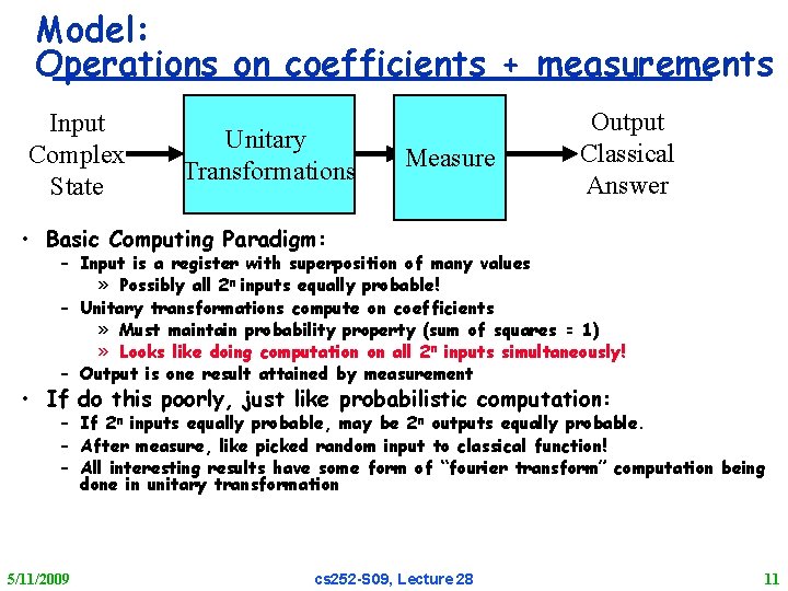 Model: Operations on coefficients + measurements Input Complex State Unitary Transformations Measure Output Classical